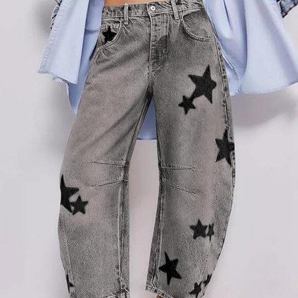 Night Sky Grey/Black Contrasting Stars Baggy Barrel Cut Boyfriend Jeans Pants - Picture 7 of 7